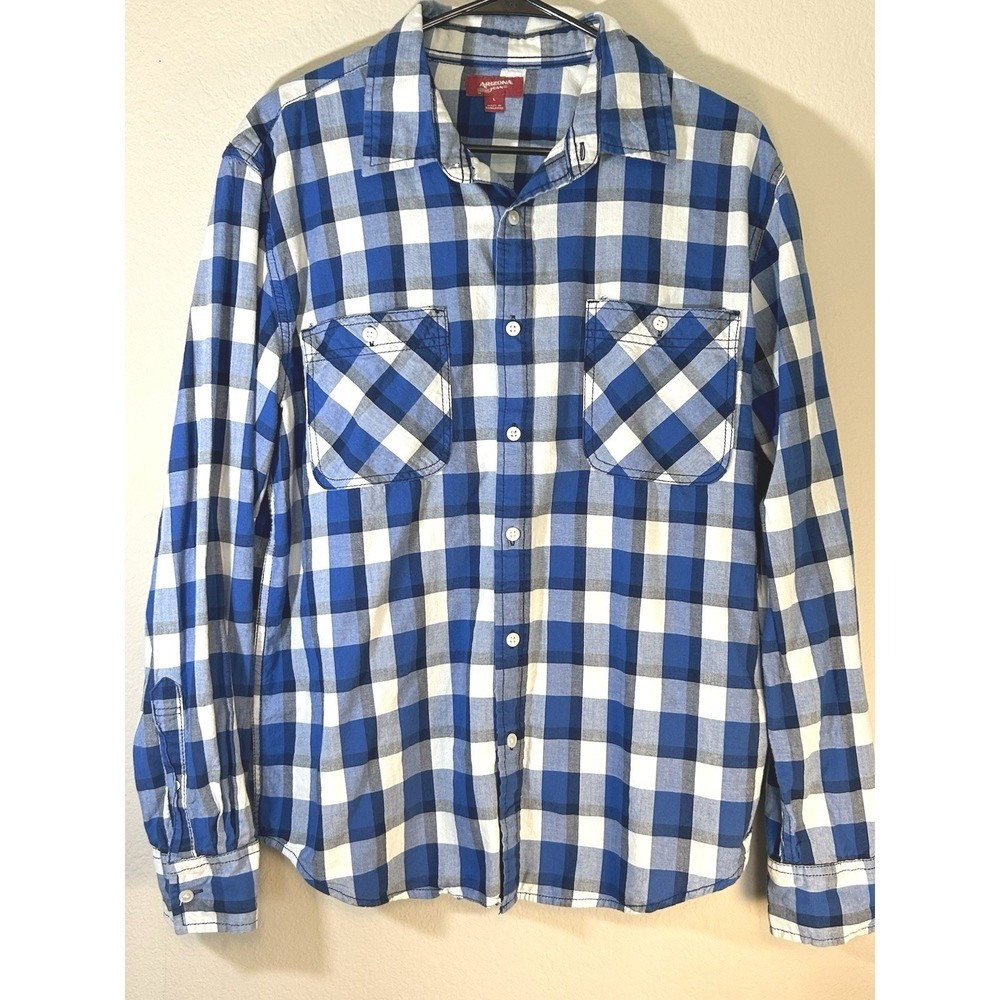 Arizona Jean Co Shirt L Blue Plaid Flannel Button Up Long Sleeve Pocket Casual